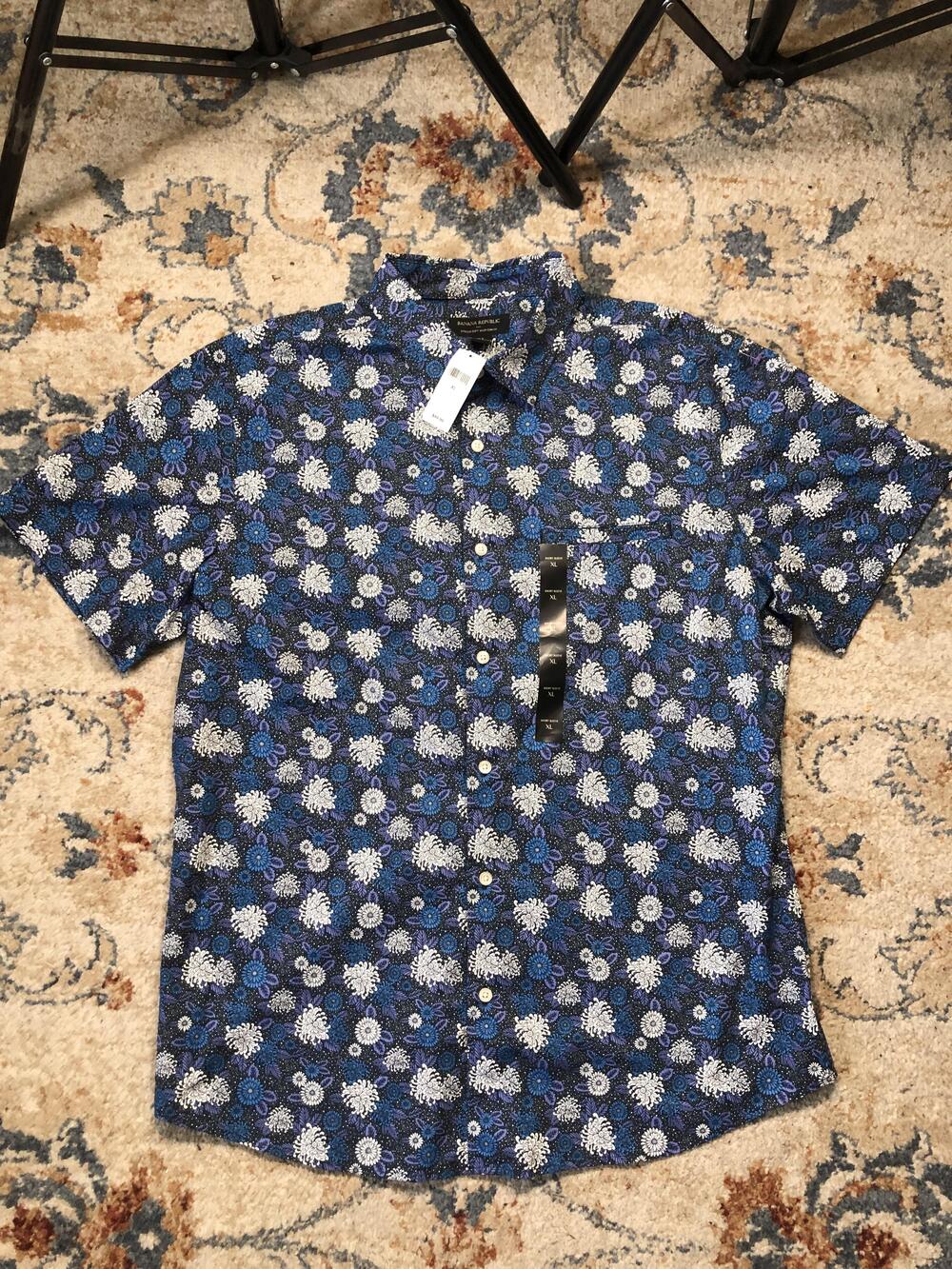 Banana Republic Shirt Mens XL Floral Stretch Soft Wash Slim Fit Short Sleeve